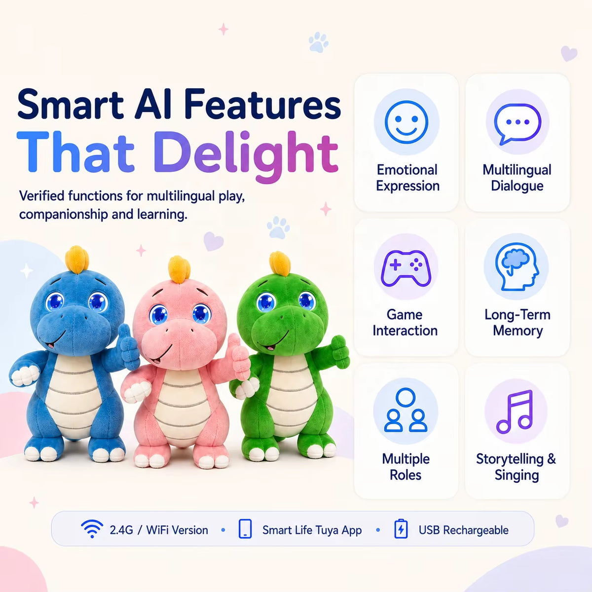 AI Plush Toy Vera Dinosaur AI Smart Plush Toy for Kids ChatGPT AI Companion Robot 69 Languages Voice Interaction Storytelling Learning Assistant Emotional Support Dinosaur Toy Birthday Gift