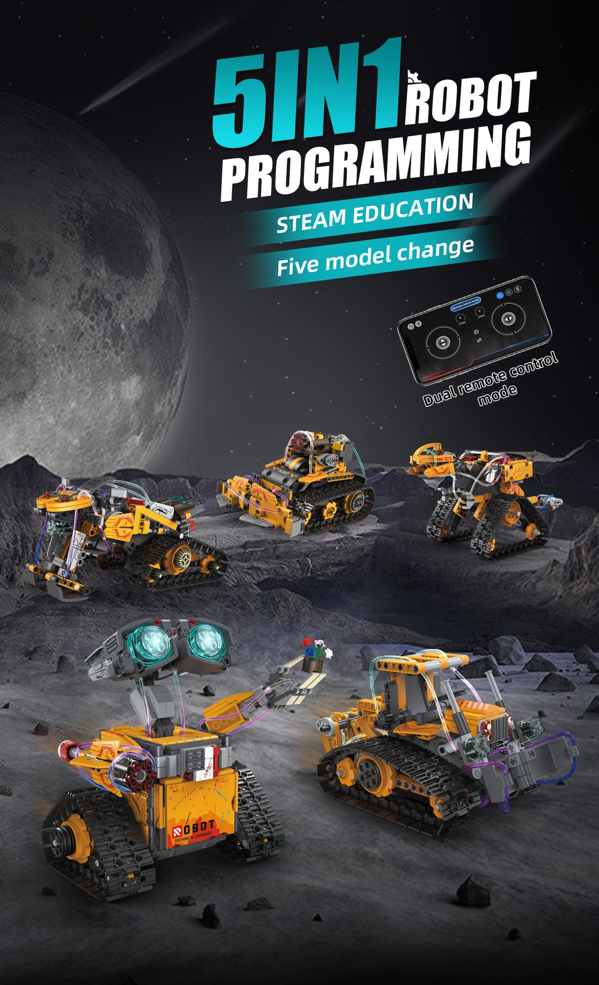 96175 5IN1 Robot Programming Building Blocks STEAM Education Five Model Change 2.4G APP Remote Gyroscope Path Mode Kids Interactive Learning Toy