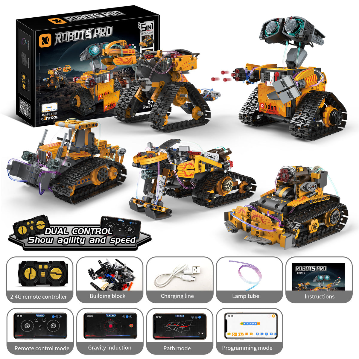 96175 5IN1 Robot Programming Building Blocks STEAM Education Five Model Change 2.4G APP Remote Gyroscope Path Mode Kids Interactive Learning Toy
