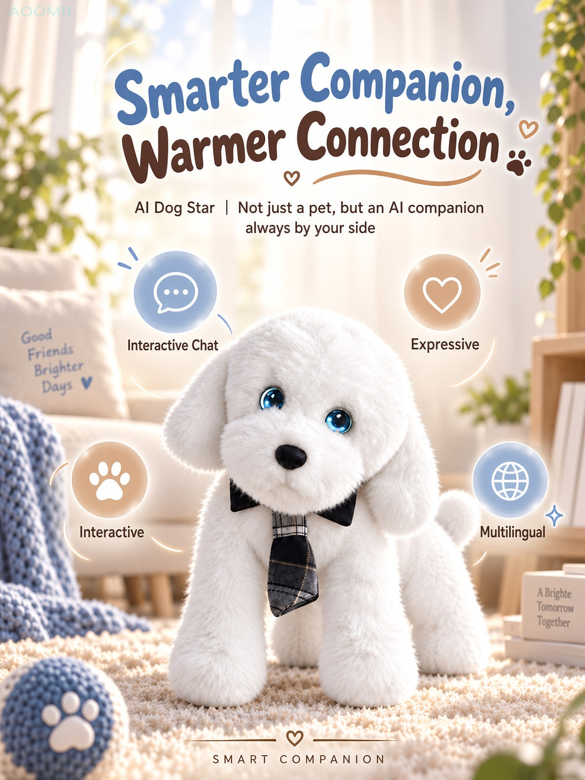 Aomi AI Smart Toy Conversation Plush Dog White 10cm Kids Companion Home Decor Interactive Toy Learning Support Large Model Voice Wake-Up Age 7-14