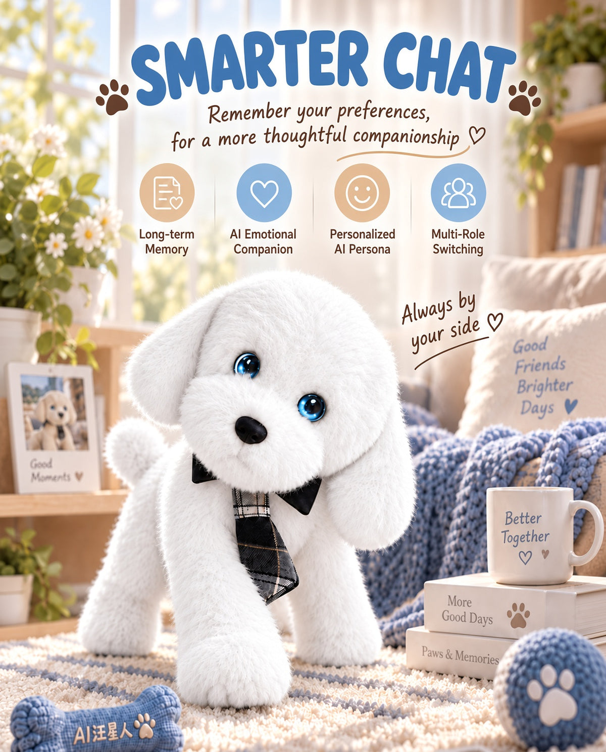 Aomi AI Smart Toy Conversation Plush Dog White 10cm Kids Companion Home Decor Interactive Toy Learning Support Large Model Voice Wake-Up Age 7-14