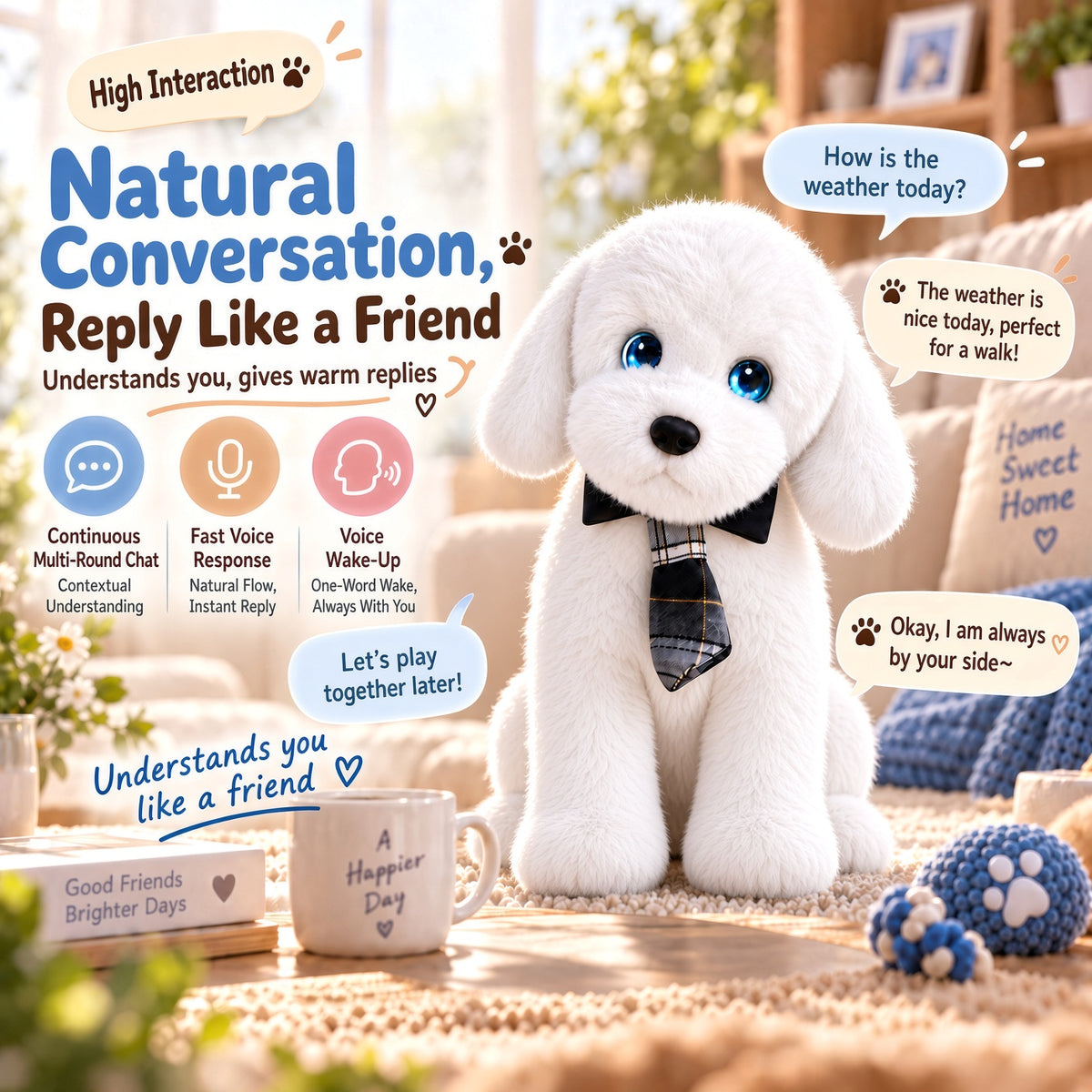 Aomi AI Smart Toy Conversation Plush Dog White 10cm Kids Companion Home Decor Interactive Toy Learning Support Large Model Voice Wake-Up Age 7-14