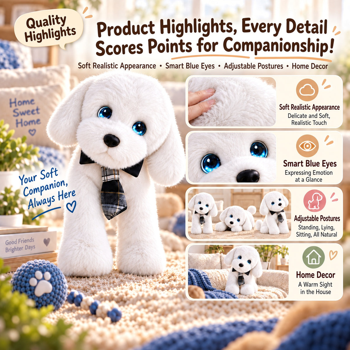 Aomi AI Smart Toy Conversation Plush Dog White 10cm Kids Companion Home Decor Interactive Toy Learning Support Large Model Voice Wake-Up Age 7-14