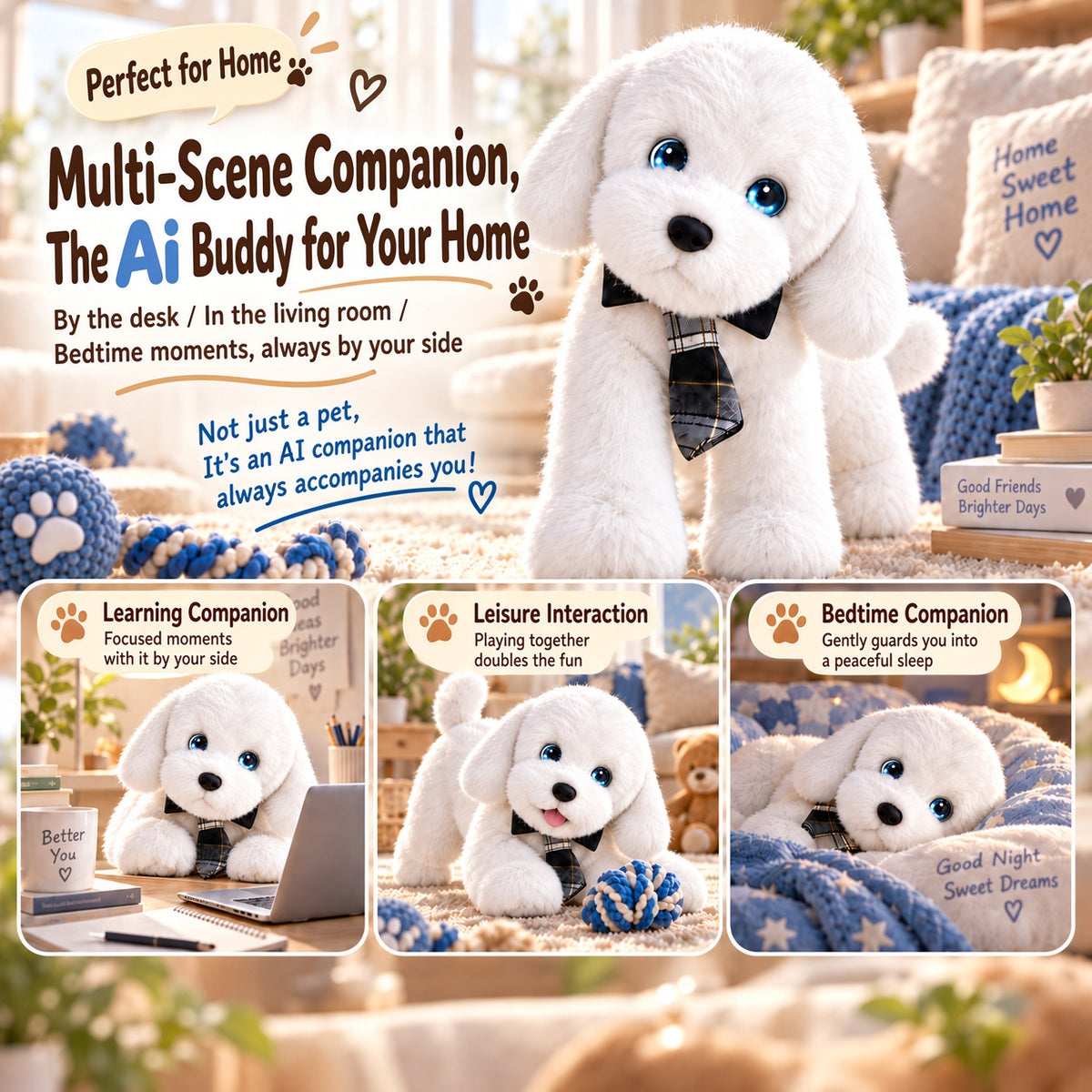 Aomi AI Smart Toy Conversation Plush Dog White 10cm Kids Companion Home Decor Interactive Toy Learning Support Large Model Voice Wake-Up Age 7-14