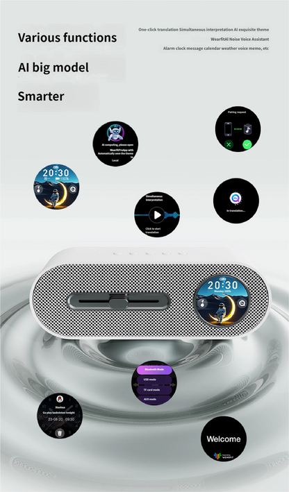 JY78 Pro AI Smart Speaker with TF Card USB Playback AUX Wired Connection Sleep Noise One Click Translation Voice Translator Music Notification Alerts Alarm Find Phone Wearfit AI Voice Memo Weather Calendar Wake Up Phone Voice Assistant FM Radio