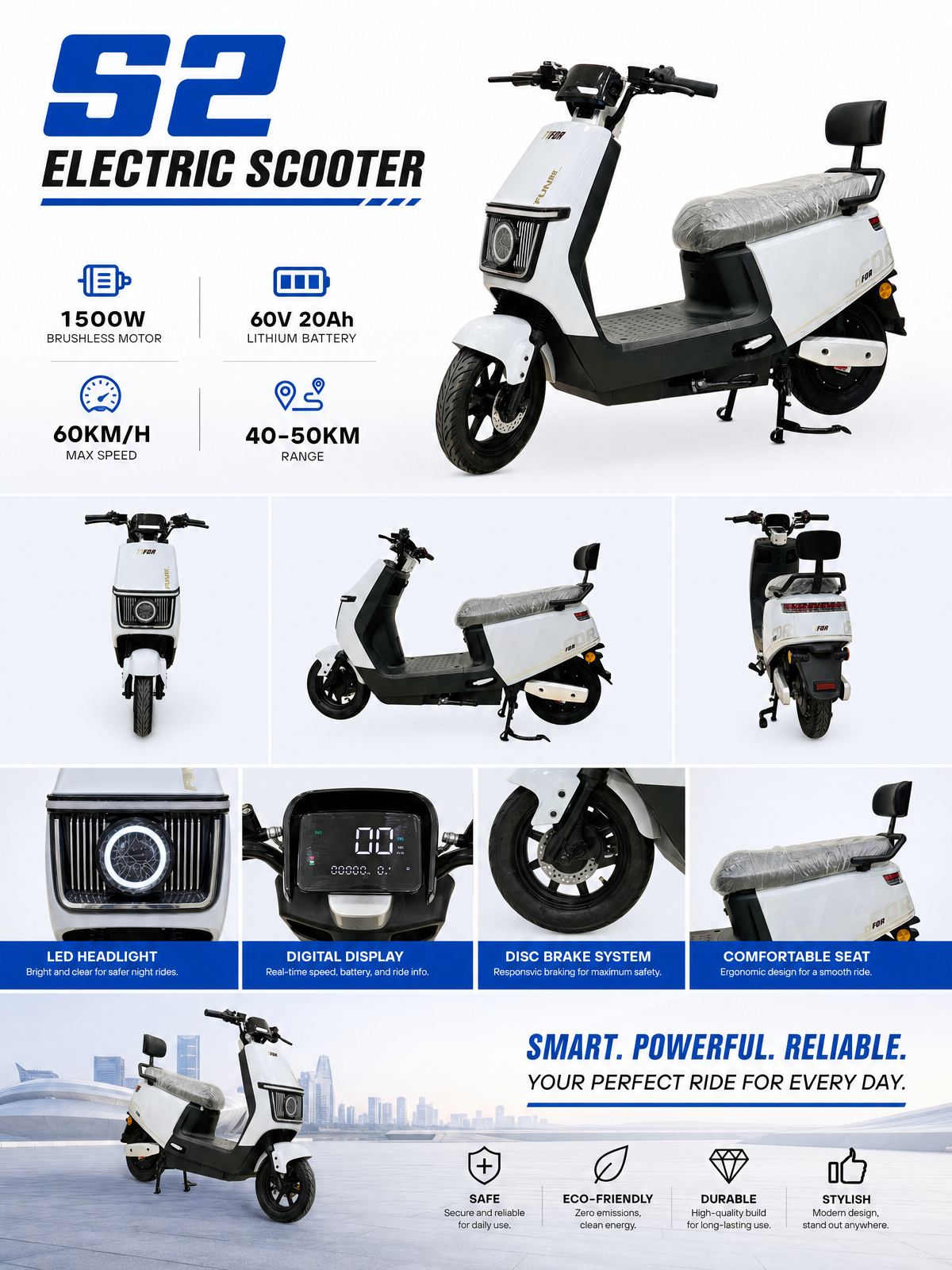 S2 Electric Mobility Scooter 60V 20Ah Lithium Battery Long Range Urban Commuter with LED Display Dual Suspension