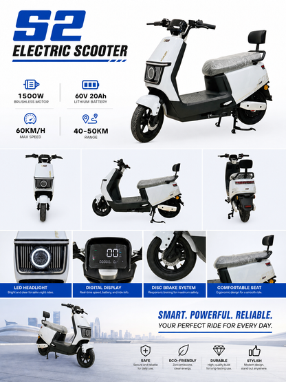 S2 Electric Mobility Scooter 60V 20Ah Lithium Battery Long Range Urban Commuter with LED Display Dual Suspension