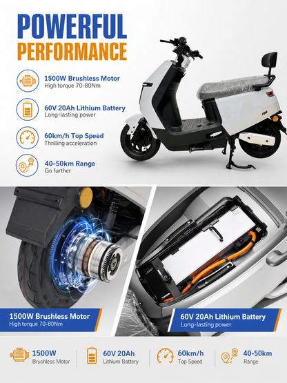 S2 Electric Mobility Scooter 60V 20Ah Lithium Battery Long Range Urban Commuter with LED Display Dual Suspension
