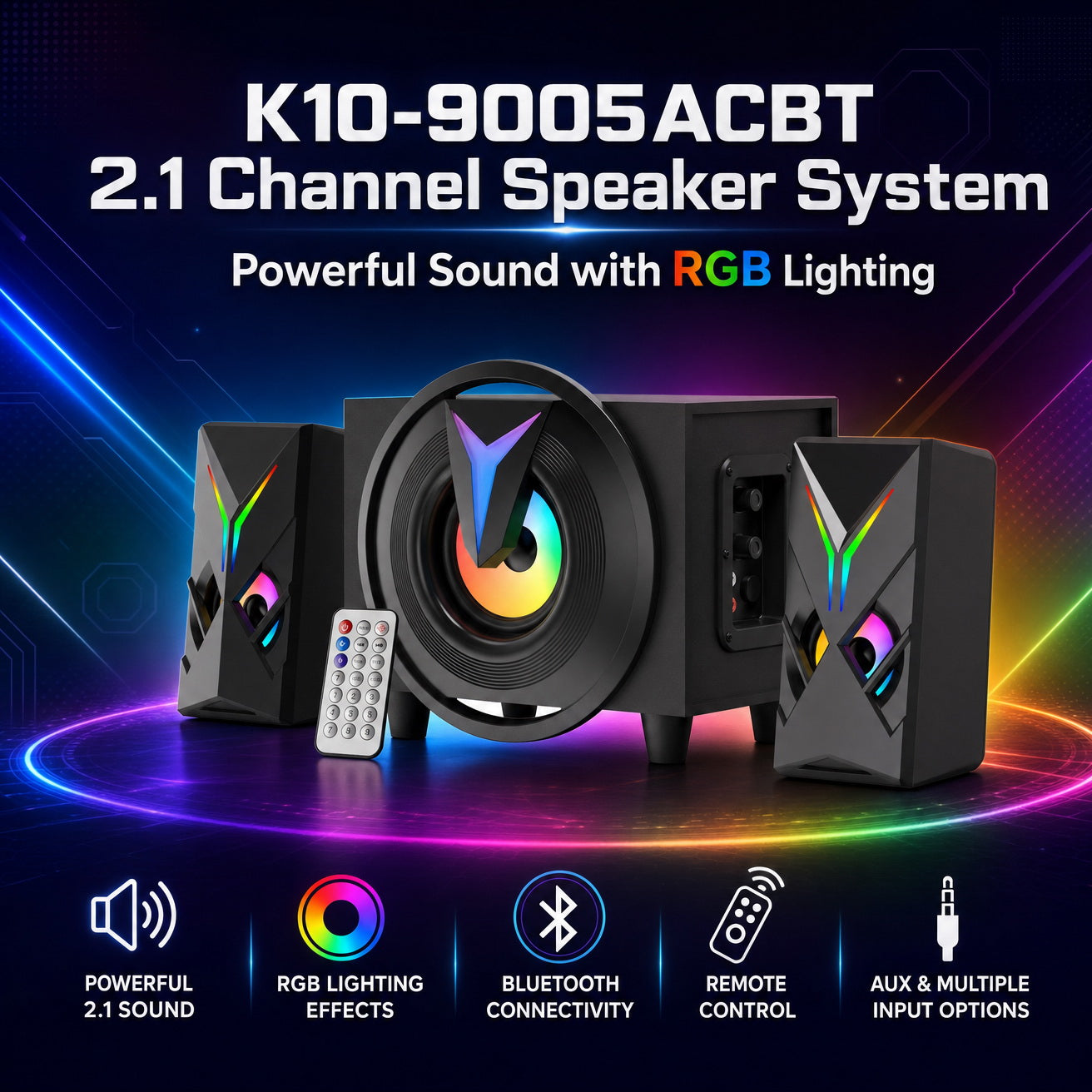 K10-9005ACBT 2.1 Channel Multimedia Bluetooth Speaker 10W+5Wx2 USB Powered RGB Light