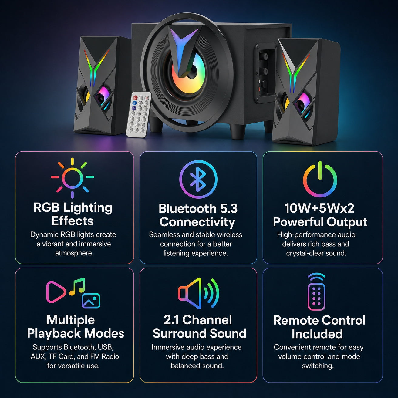 K10-9005ACBT 2.1 Channel Multimedia Bluetooth Speaker 10W+5Wx2 USB Powered RGB Light