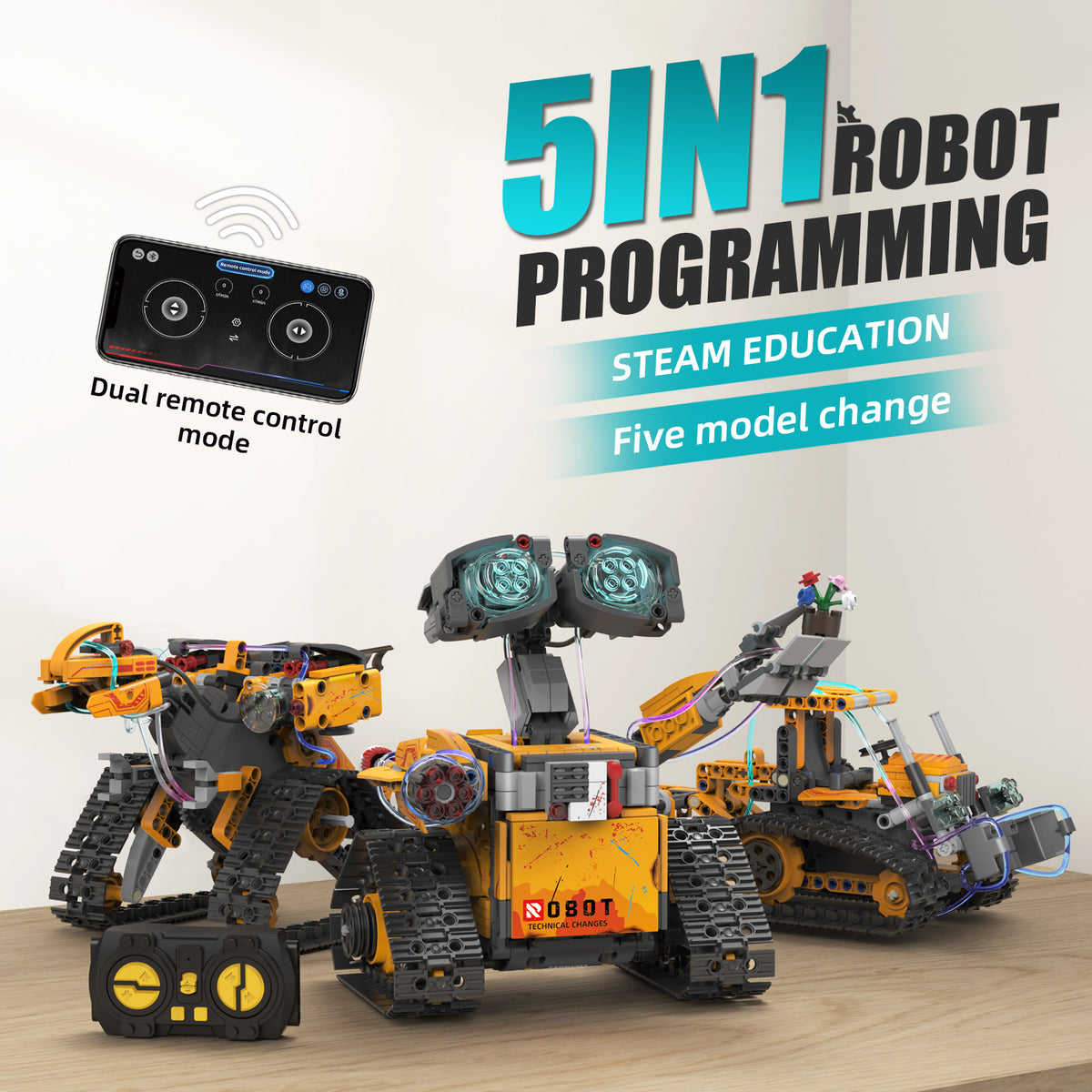 96175 5IN1 Robot Programming Building Blocks STEAM Education Five Model Change 2.4G APP Remote Gyroscope Path Mode Kids Interactive Learning Toy