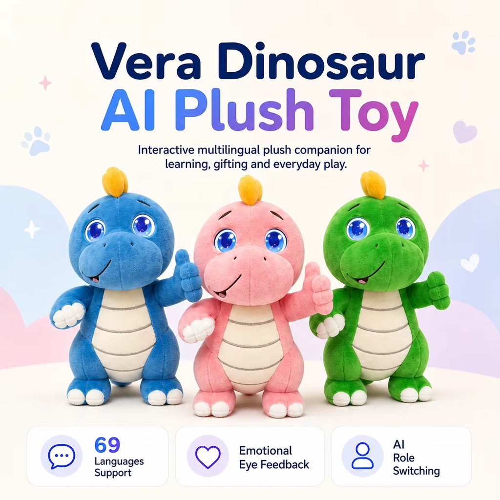 AI Plush Toy Vera Dinosaur AI Smart Plush Toy for Kids ChatGPT AI Companion Robot 69 Languages Voice Interaction Storytelling Learning Assistant Emotional Support Dinosaur Toy Birthday Gift