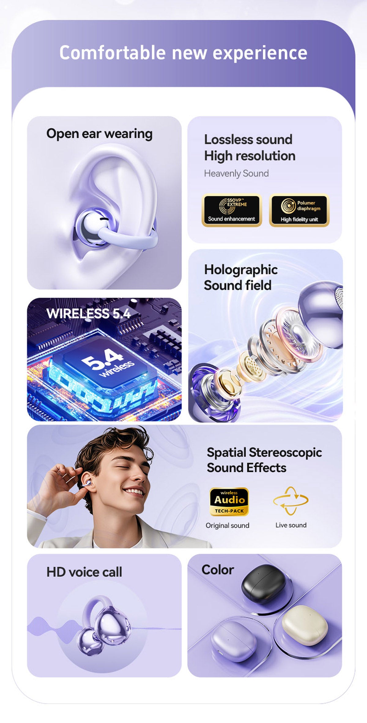 M108 Wireless Open End Earphones Bluetooth 5.4 Headphones Noise Cancelling Comfort Fit 72H Playtime Dolby Atmos Gaming