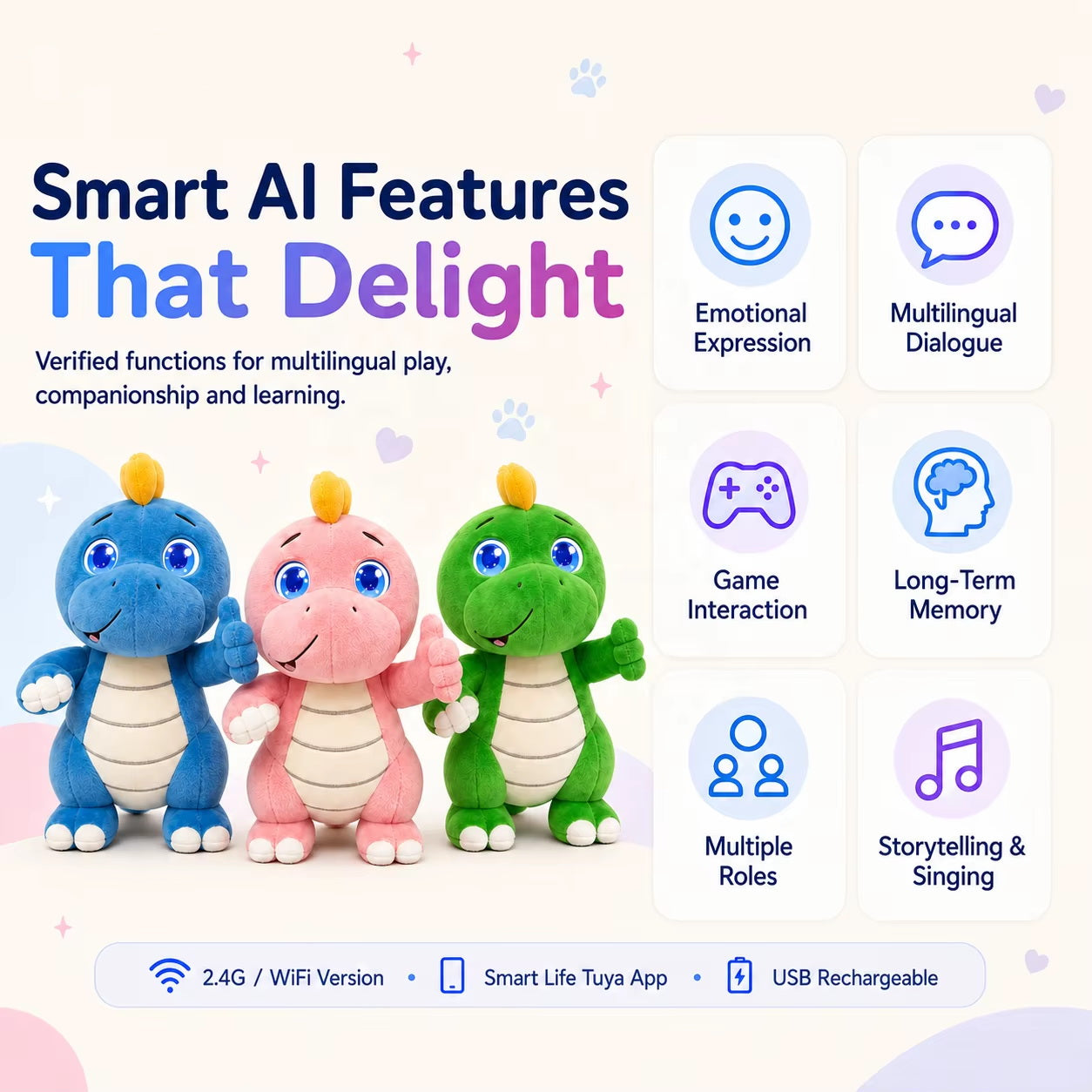 AI Plush Toy Vera Dinosaur AI Smart Plush Toy for Kids ChatGPT AI Companion Robot 69 Languages Voice Interaction Storytelling Learning Assistant Emotional Support Dinosaur Toy Birthday Gift