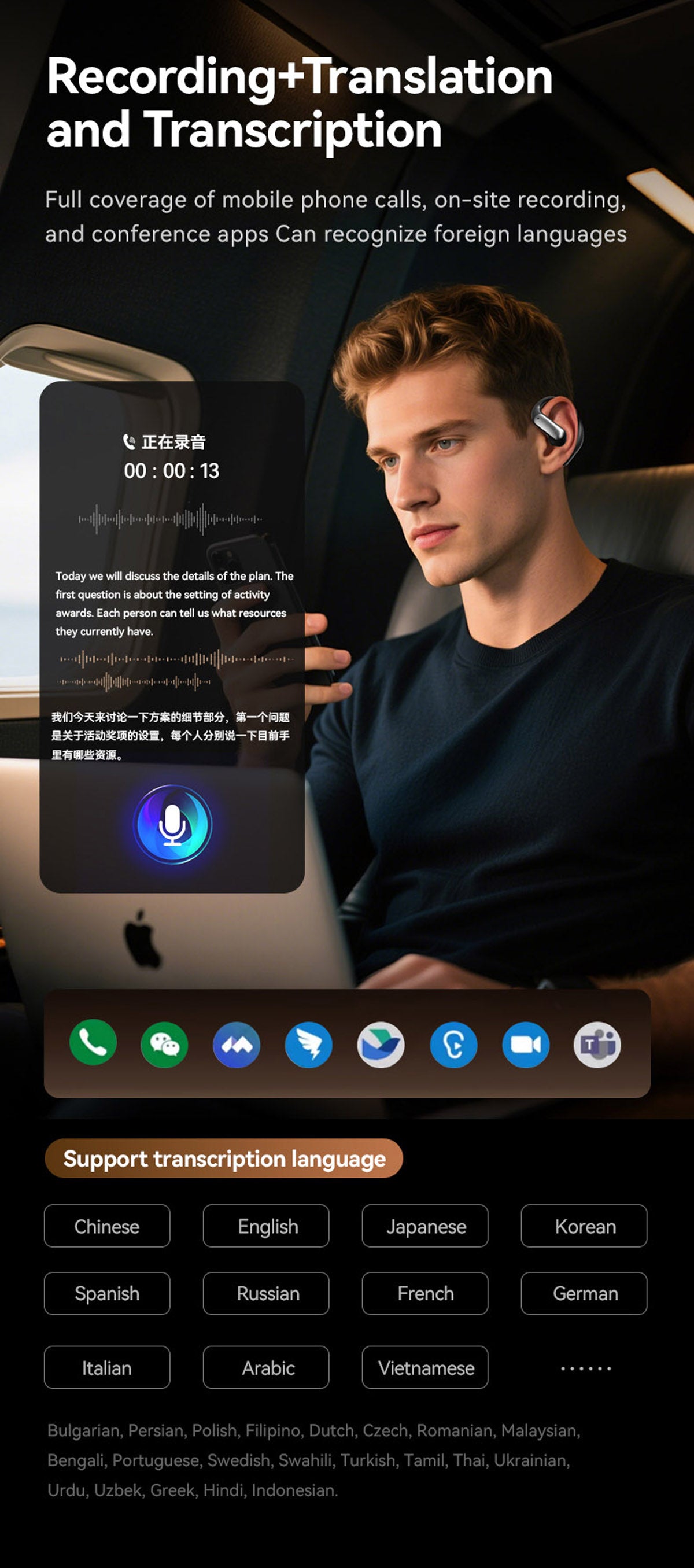 M127 AI Smart Translation Earbuds with Bluetooth 5.4 Real-time Translation 15M Range 138+ Languages Supported