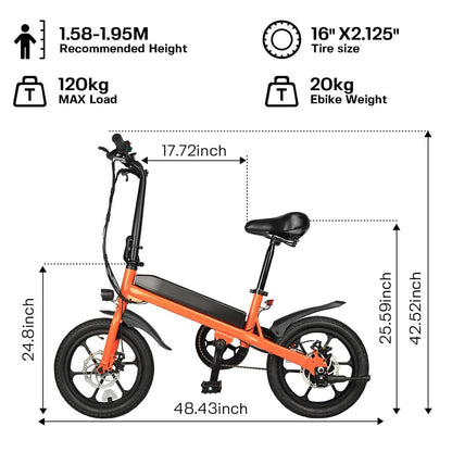 S5 16" x 2"  Folding Electric Bike 500W Peak Motor Adult Portable Ebike Lithium Battery City Commuter Bicycle Foldable Design