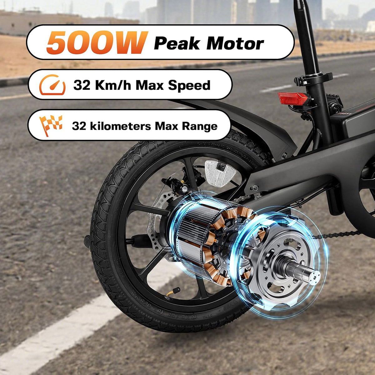 S5 16" x 2"  Folding Electric Bike 500W Peak Motor Adult Portable Ebike Lithium Battery City Commuter Bicycle Foldable Design