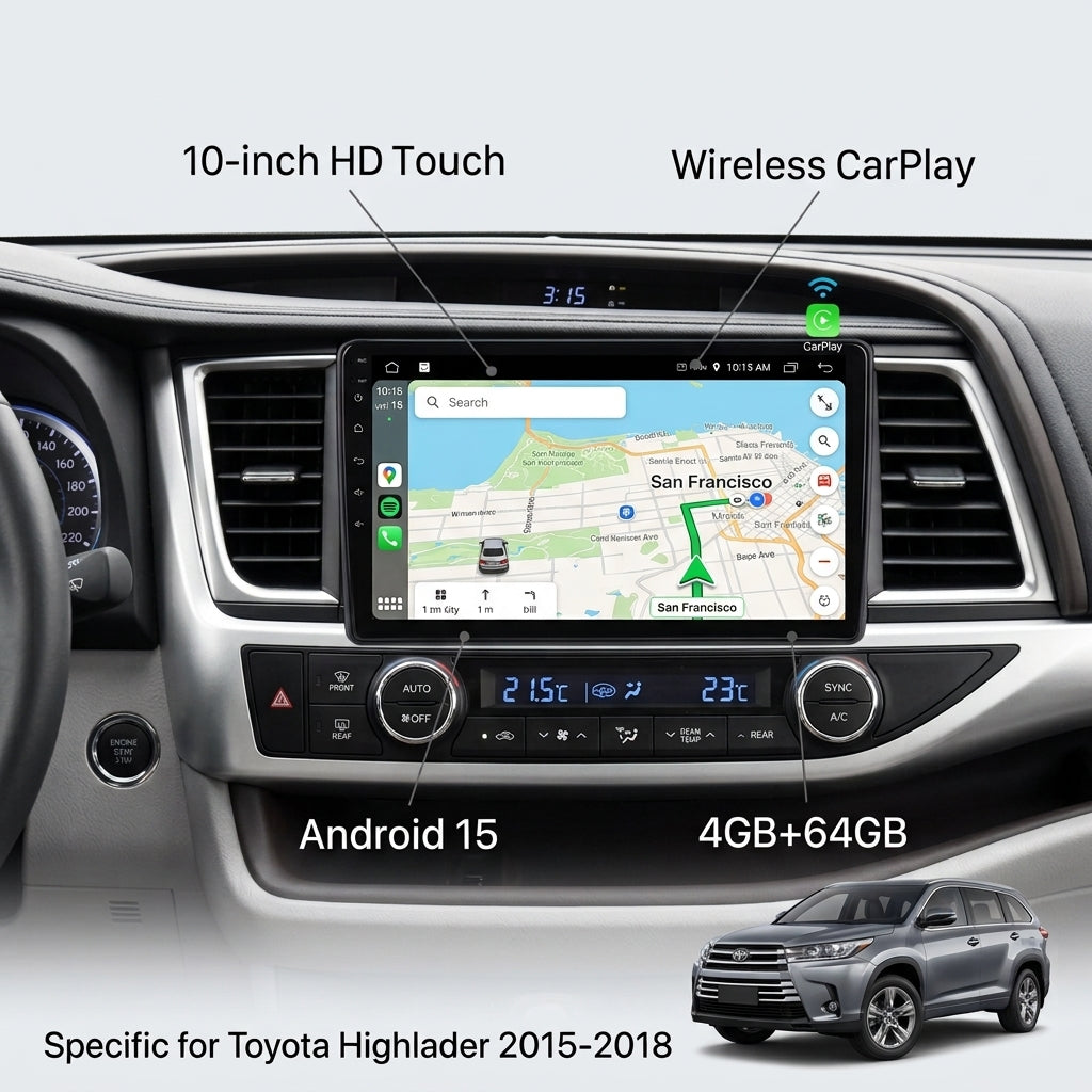 Smart Android Car Stereo System for  Toyota highlander 2015-2018 with GPS Navigation, Bluetooth 5.0, Dual WiFi, Wireless CarPlay, Android Auto, 4K Video, Rear Camera Support