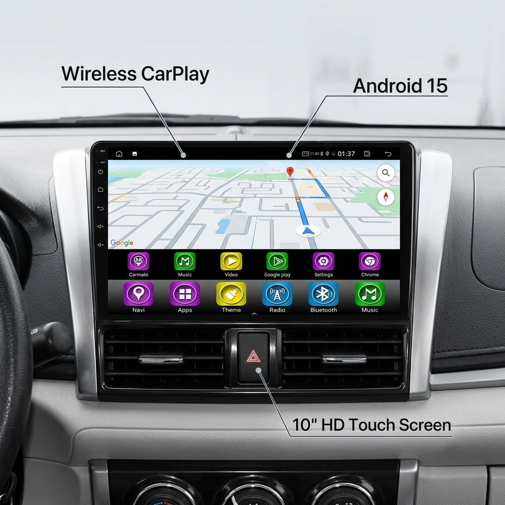 Android Car Navigation System for Toyota Vios 2014-2016 with Touch Screen, GPS, Bluetooth, WiFi, Apple CarPlay, Android Auto, Rear Camera Support, Smart Multimedia Player