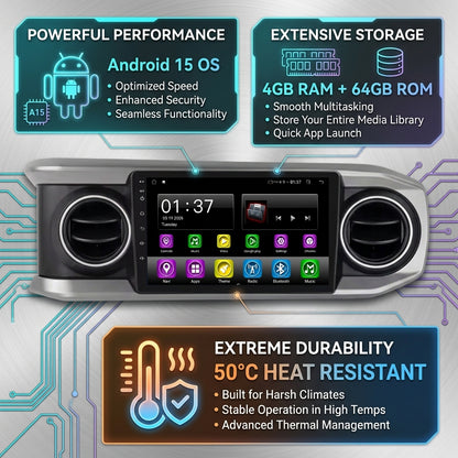 10 inch Android Car Radio  for Toyota Tacoma 2016 with Touch Screen, GPS, Bluetooth, WiFi, Apple CarPlay, Android Auto, Rear Camera Support, Smart Multimedia Player
