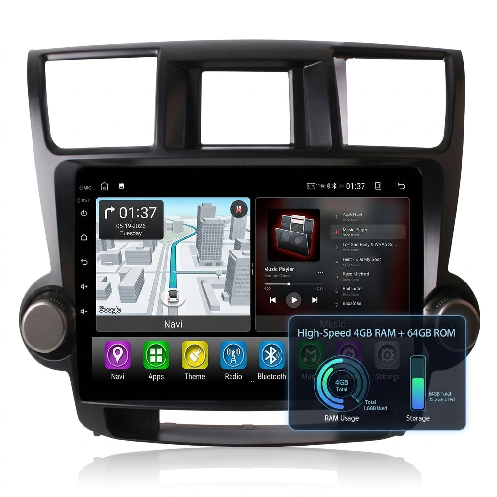 Smart Android Car Stereo System for  Toyota highlander 2009-2014 with GPS Navigation, Bluetooth 5.0, Dual WiFi, Wireless CarPlay, Android Auto, 4K Video, Rear Camera Support