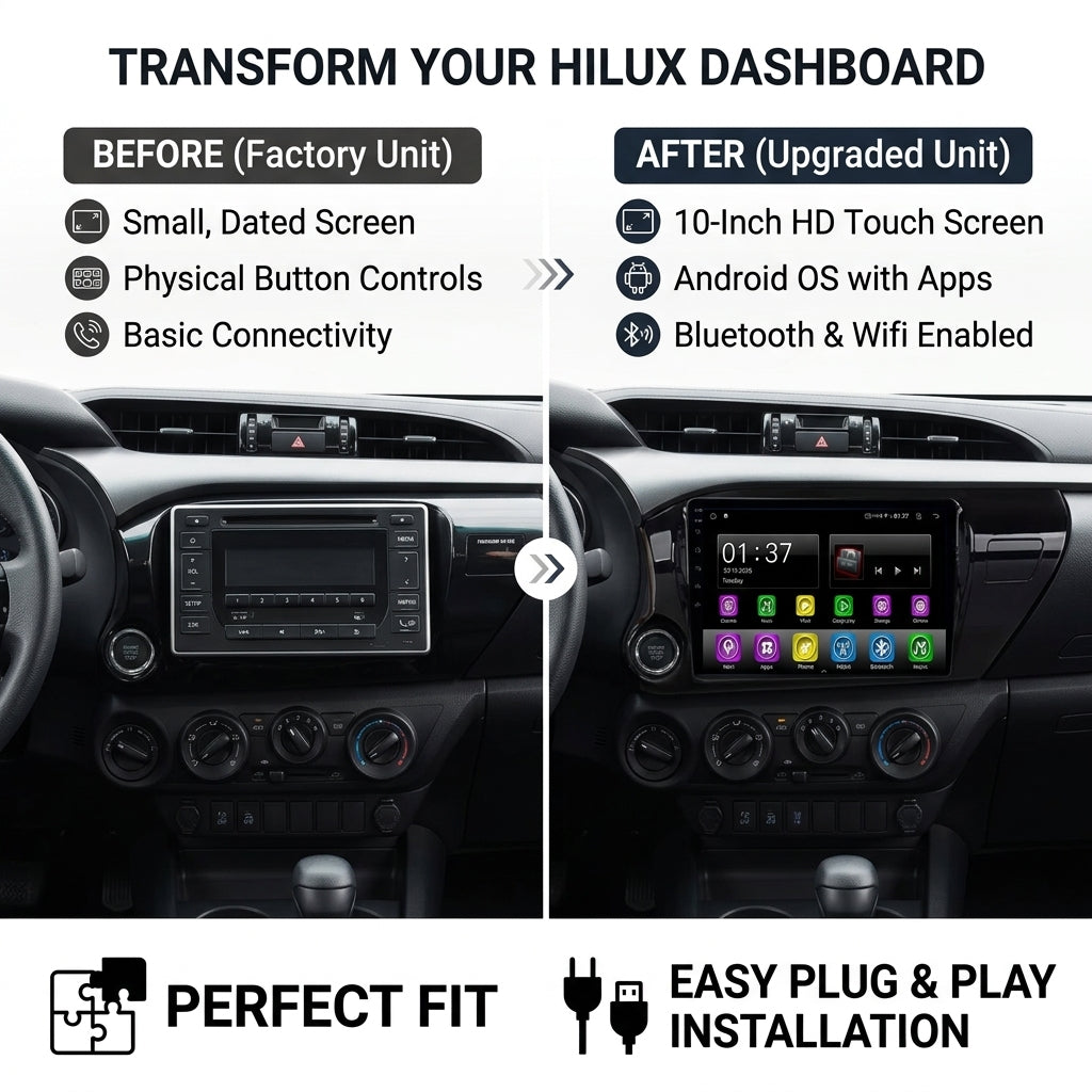 Smart Android Car Stereo System for Toyota Hilux 2013-2018 with GPS Navigation, Bluetooth 5.0, Dual WiFi, Wireless CarPlay, Android Auto, 4K Video, Rear Camera Support