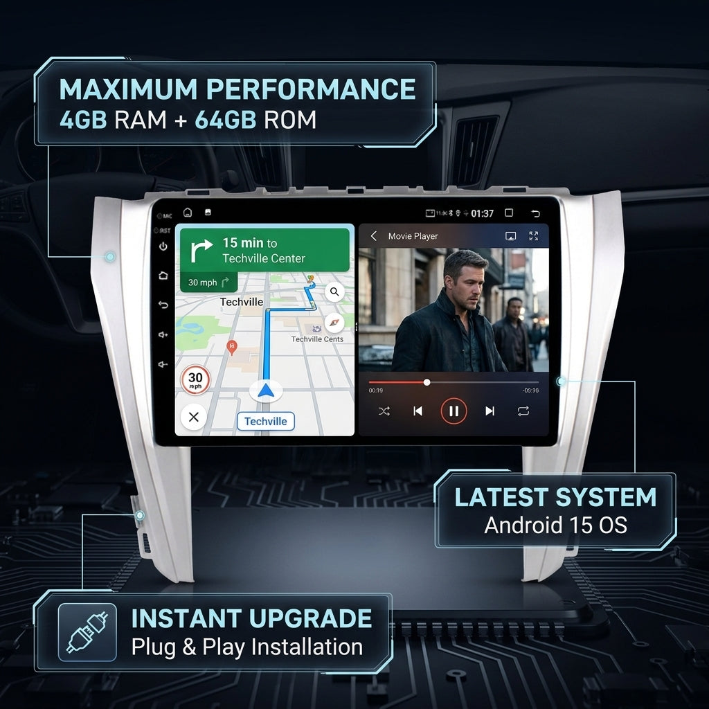 Smart Android Car Stereo System for Toyota Camry 2015-2016 with GPS Navigation, Bluetooth 5.0, Dual WiFi, Wireless CarPlay, Android Auto, 4K Video, Rear Camera Support