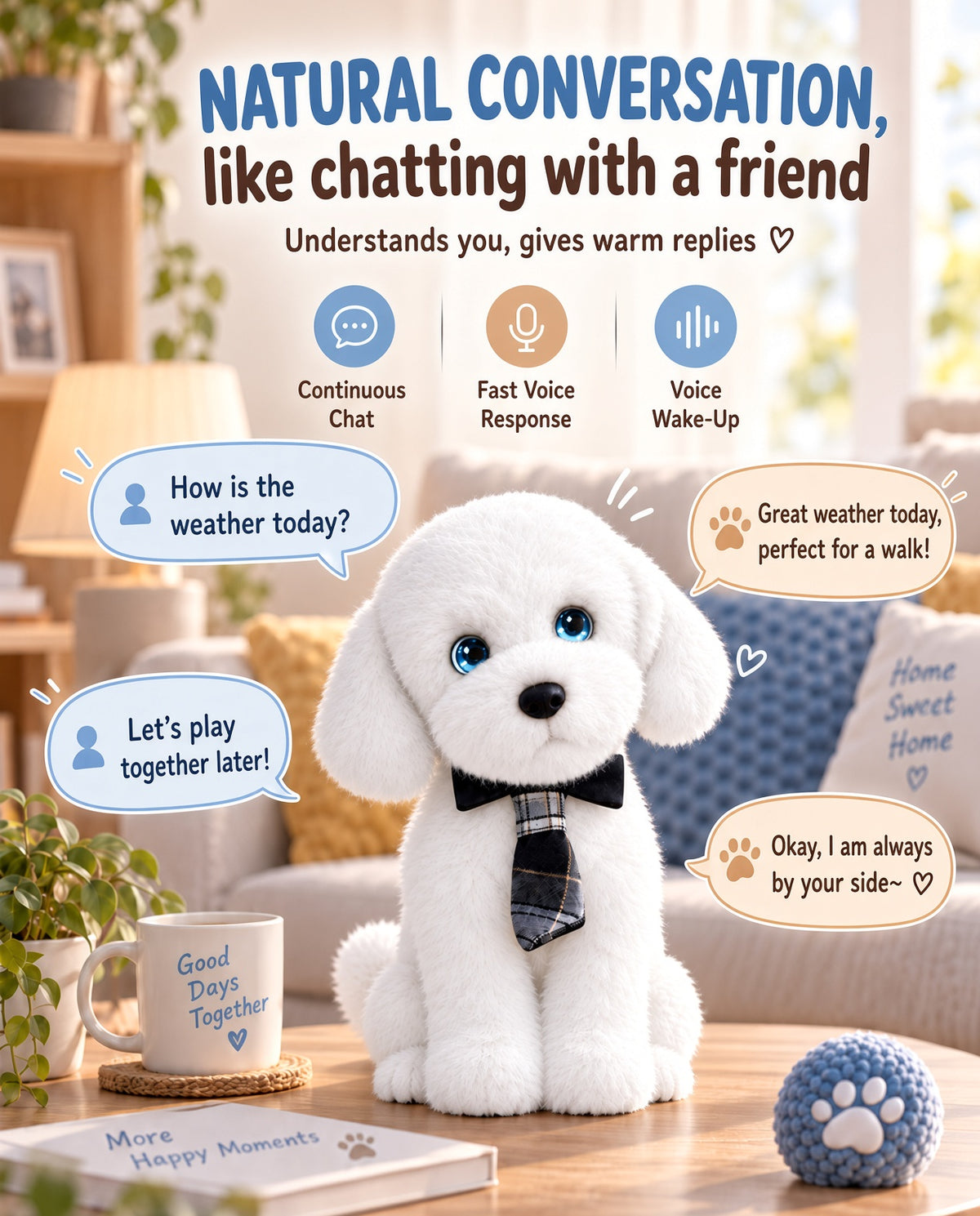 Aomi AI Smart Toy Conversation Plush Dog White 10cm Kids Companion Home Decor Interactive Toy Learning Support Large Model Voice Wake-Up Age 7-14