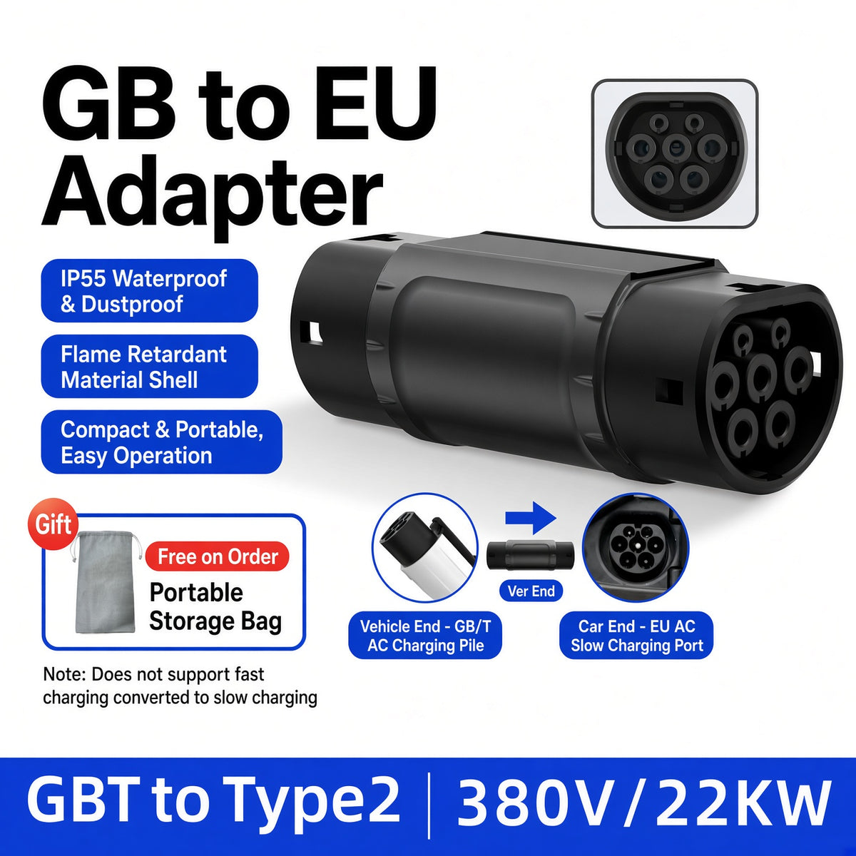 GB/T-T2 Portable Conversion Adapter for New Energy Vehicles AC380V Max 32A IP55 Plug and Play