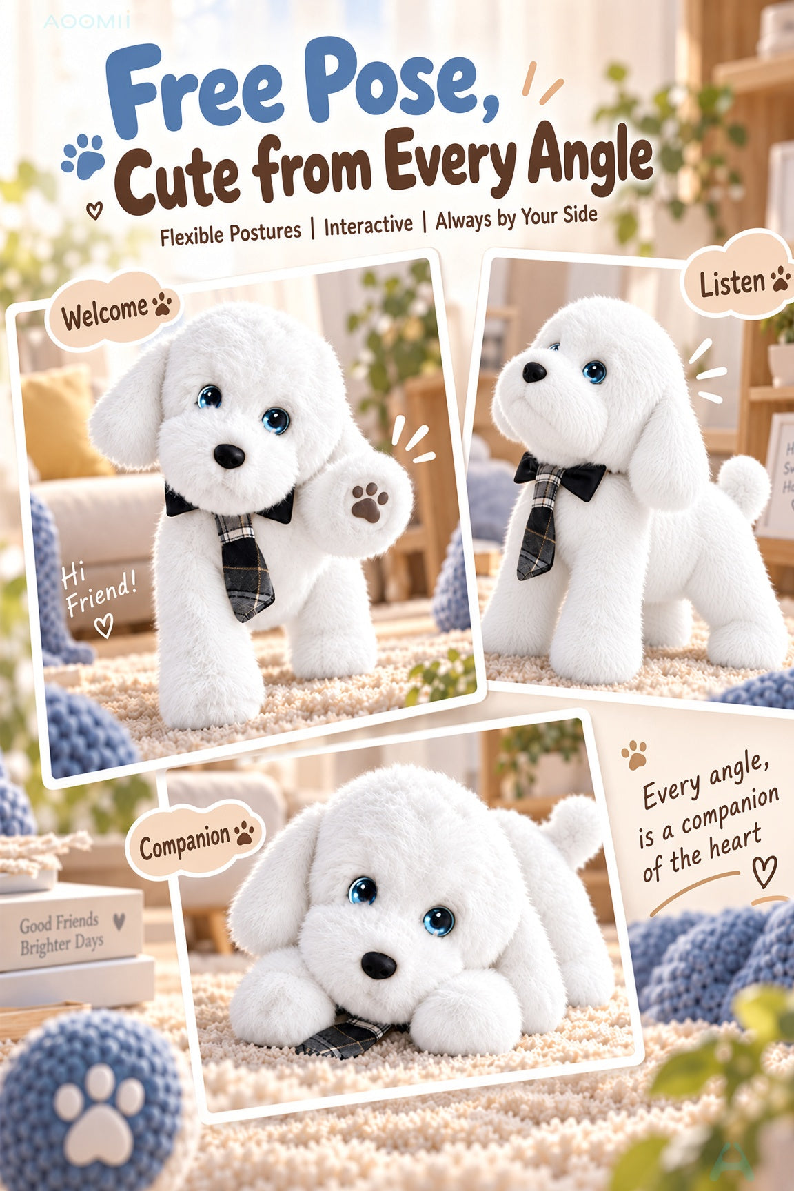 Aomi AI Smart Toy Conversation Plush Dog White 10cm Kids Companion Home Decor Interactive Toy Learning Support Large Model Voice Wake-Up Age 7-14