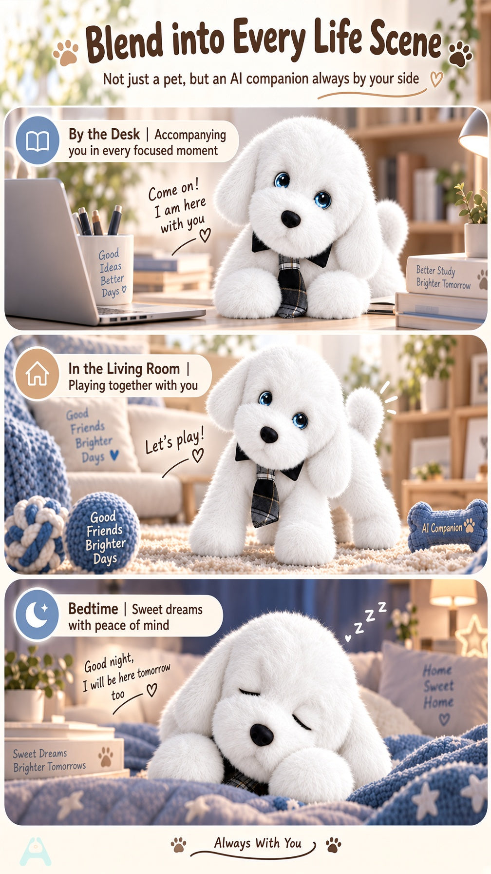 Aomi AI Smart Toy Conversation Plush Dog White 10cm Kids Companion Home Decor Interactive Toy Learning Support Large Model Voice Wake-Up Age 7-14