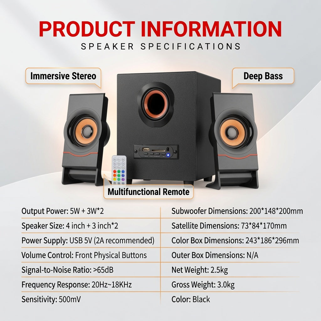 FT-C10U-BT Bluetooth Multimedia Speaker 5W+3W×2 RMS Portable Desktop Speaker with Remote Control