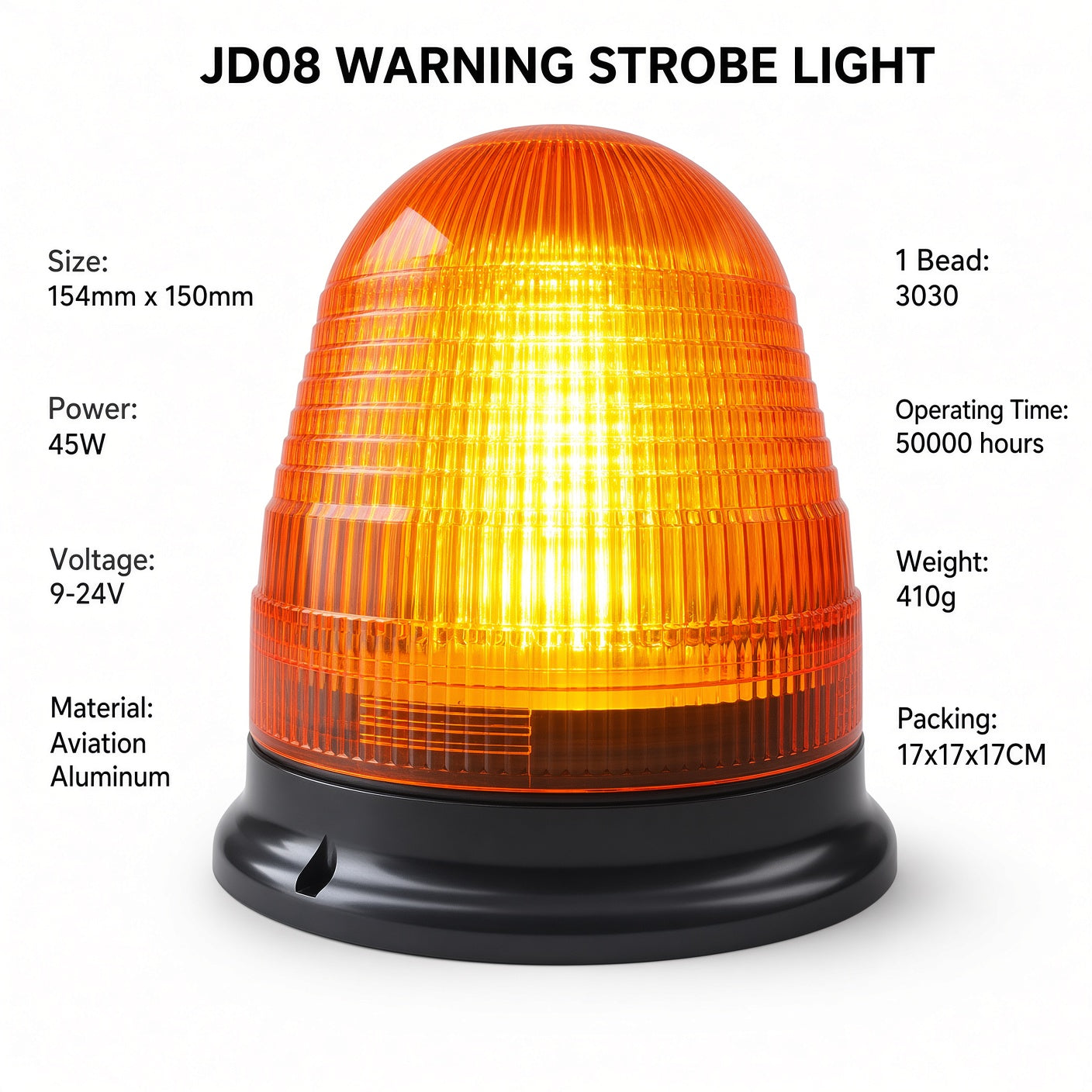 JD08 Warning Strobe Light 45W 9-24V Aviation Aluminum 3000K Amber 360 Degree Beacon