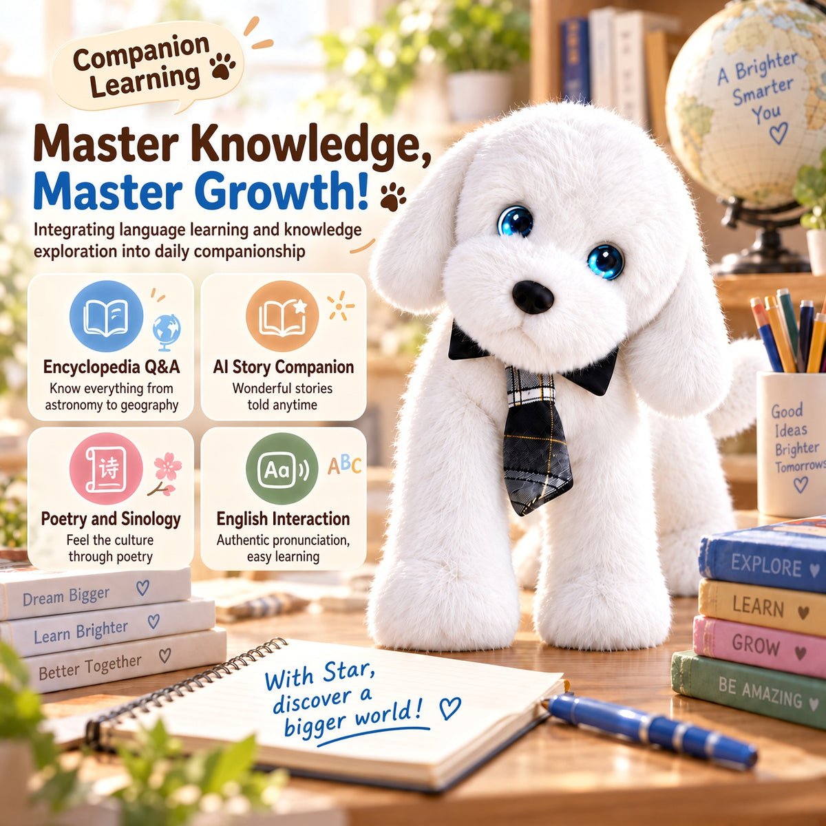 Aomi AI Smart Toy Conversation Plush Dog White 10cm Kids Companion Home Decor Interactive Toy Learning Support Large Model Voice Wake-Up Age 7-14
