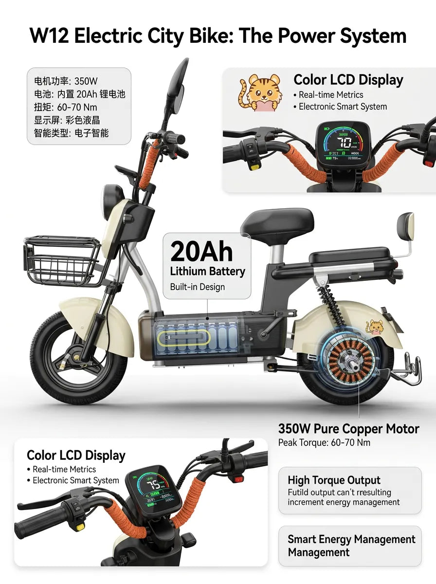 W12 14 Inch Electric Bicycle, Max Speed 25km/h, 350W, 20Ah Battery