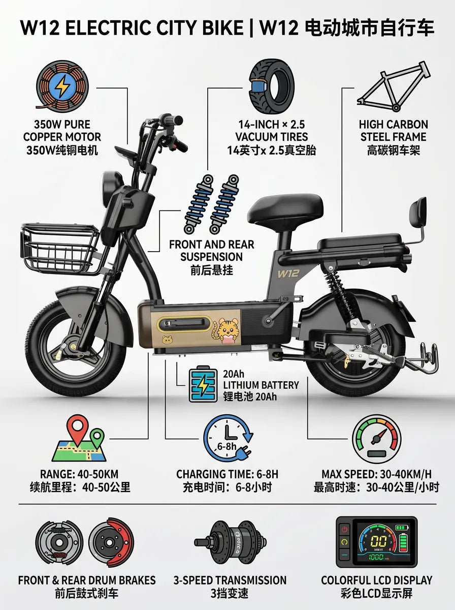 W12 14 Inch Electric Bicycle, Max Speed 25km/h, 350W, 20Ah Battery